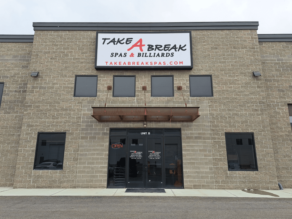 Springville Store - Take A Break Spas And Billiards Exterior View Of Take A Break Spas &Amp; Billiards Springville Spa Store Location Featuring Showroom Entrance And Branding
