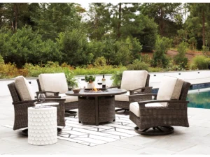 Outdoor Furniture - Take A Break Spas And Billiards Brown Outdoor Fire Pit Table With Four Cushioned Chairs, Captured On A Bright Sunny Day With Natural Summer Lighting