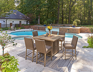 Outdoor Furniture - Take A Break Spas And Billiards Outdoor Bar-Height Fire Pit Table With Six Stools On Shaded Patio, Pool And Garage In Background, Surrounded By Tall Trees