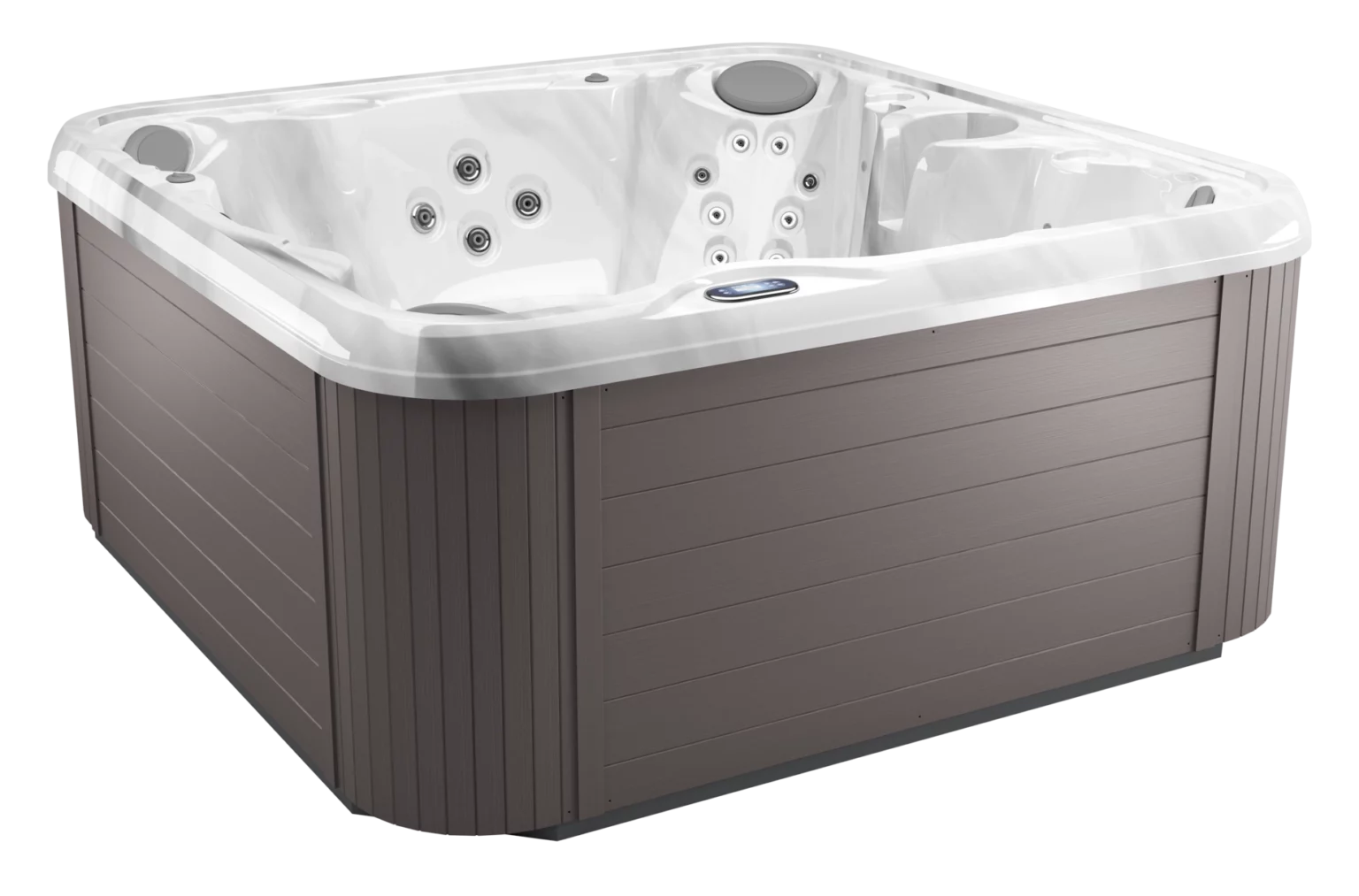 Sun & Soul Nova Spa rendering with gray cabinet and white acrylic shell shown empty without water